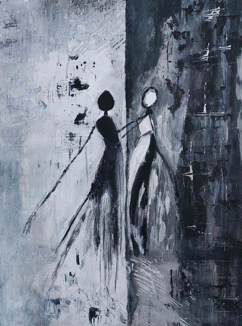 Abstract figuratieve schildering van twee gestileerde figuren in grijstinten